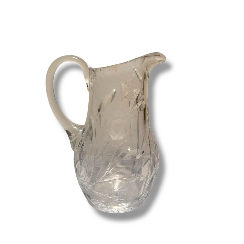 Vintage 1960s Crystal Pitcher Clear Cut Etched Glass Flower Floral Design 7”